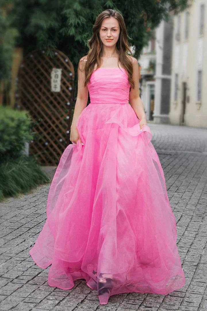 Pink Strapless A-Line Empire-Waist Sleeveless Long Formal Prom Dress